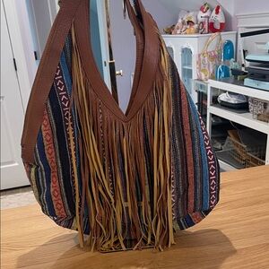 R&Em Fringed Multicolor Boho Shoulder Bag with Brown Trim